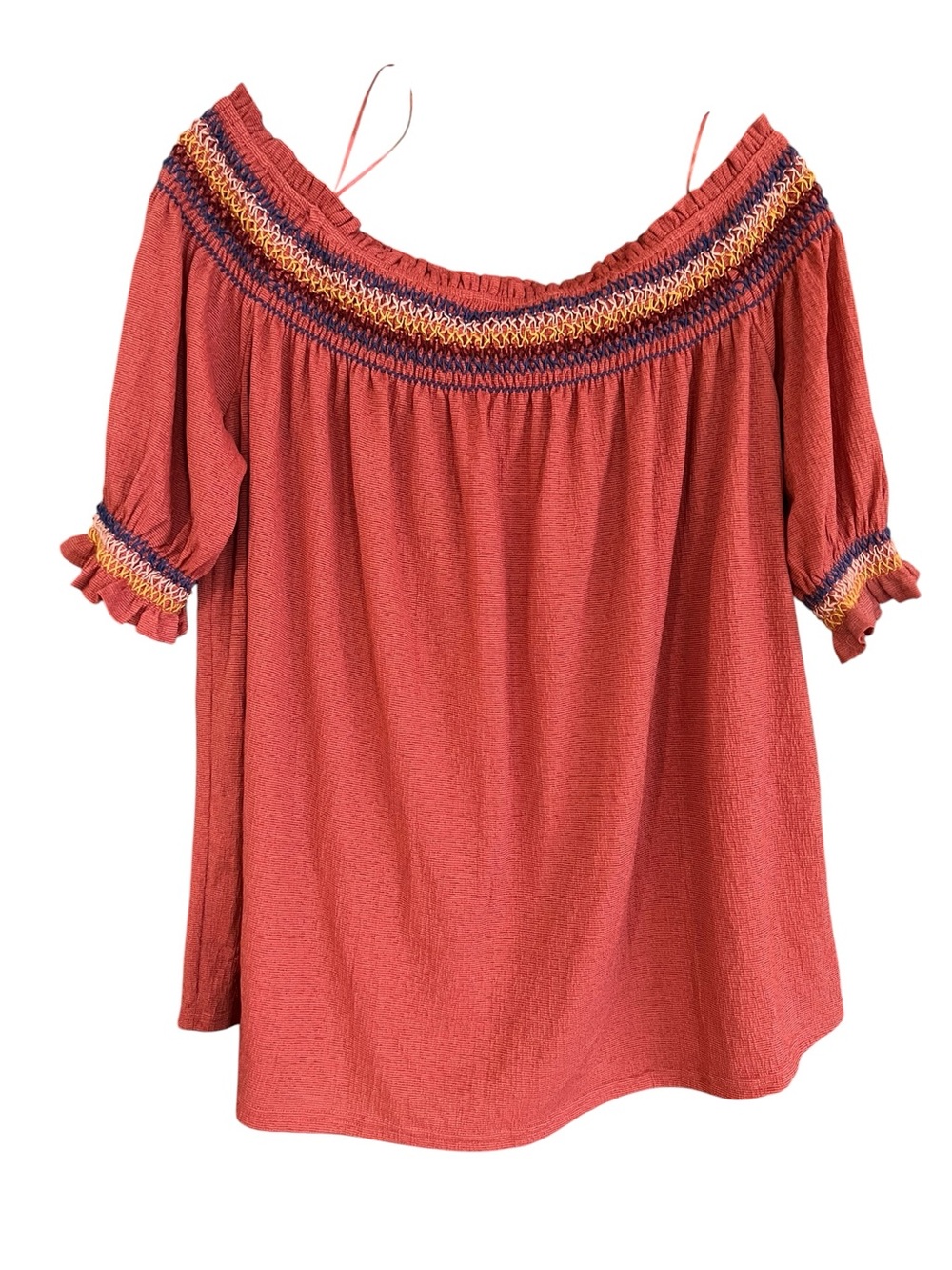 Flower & Feather 1XL Rust Smocked Off Shoulder Boho Blouse Top